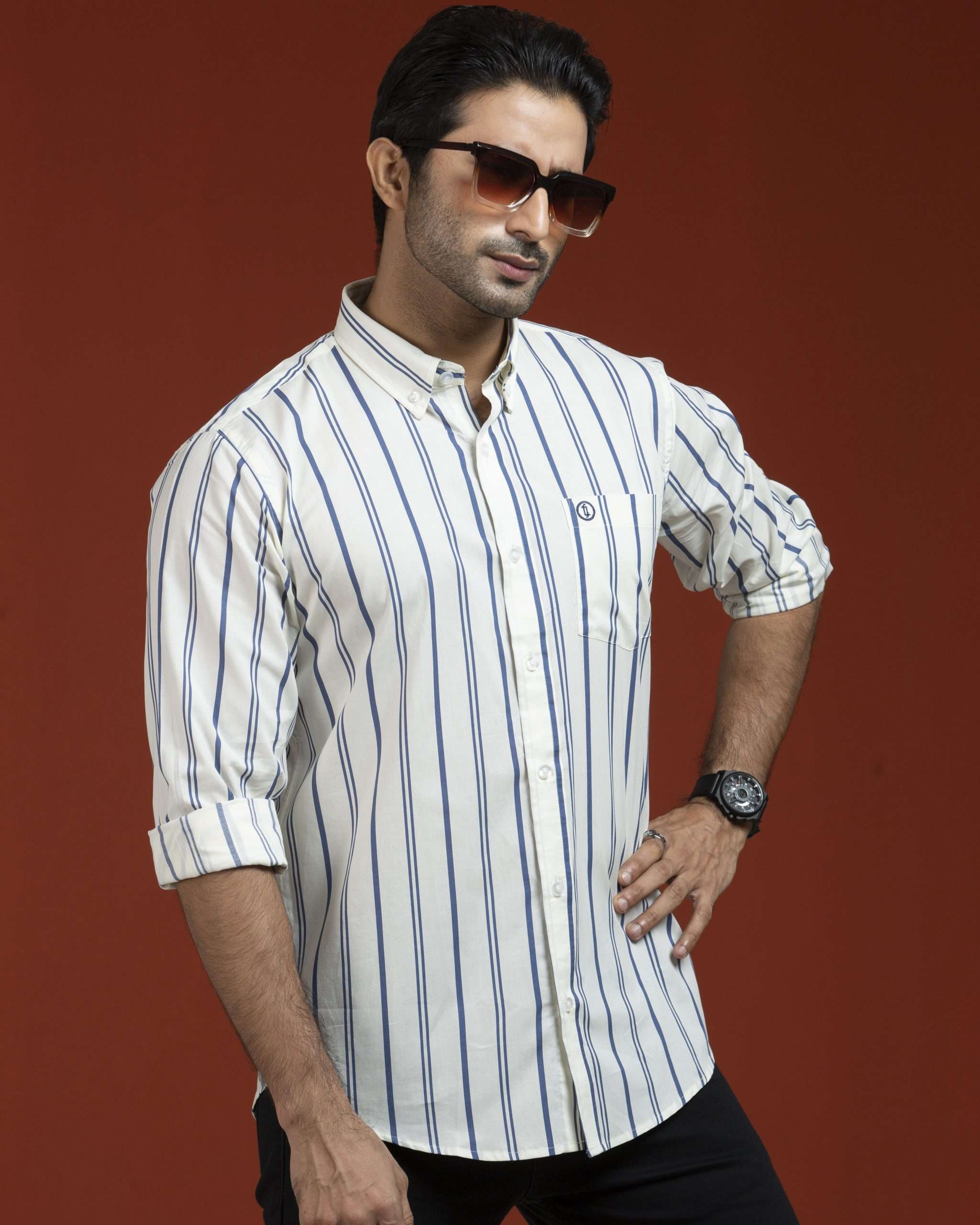 Navy Stripe on Off White Shirt (NS-044)