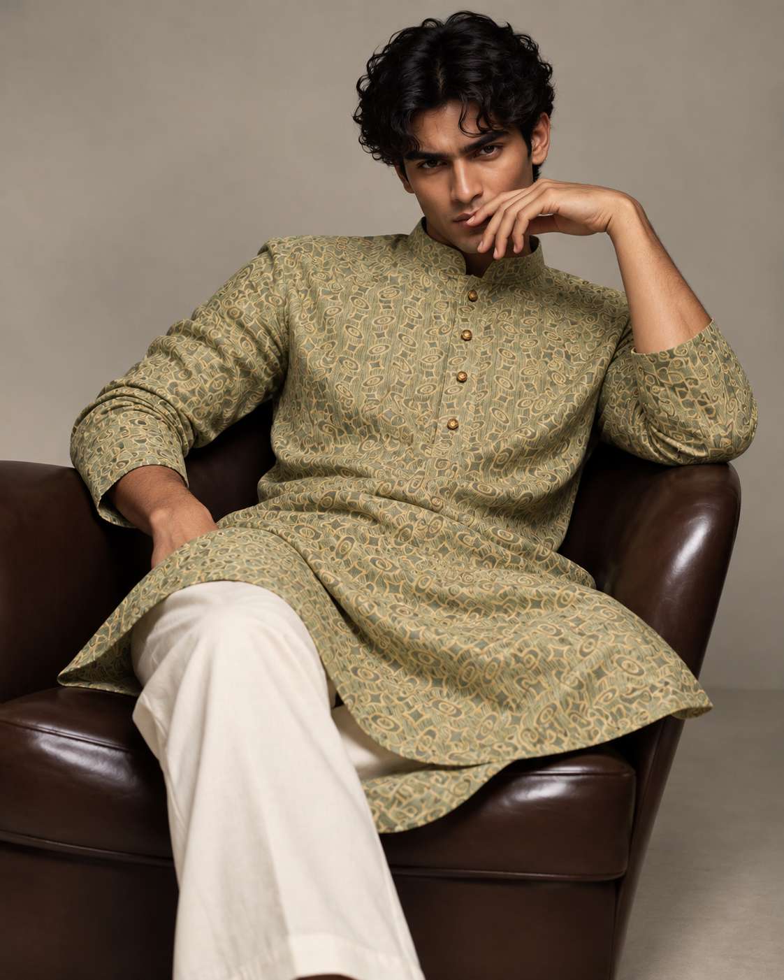 Elegant Panjabi- Golden Olive (FP-2602)