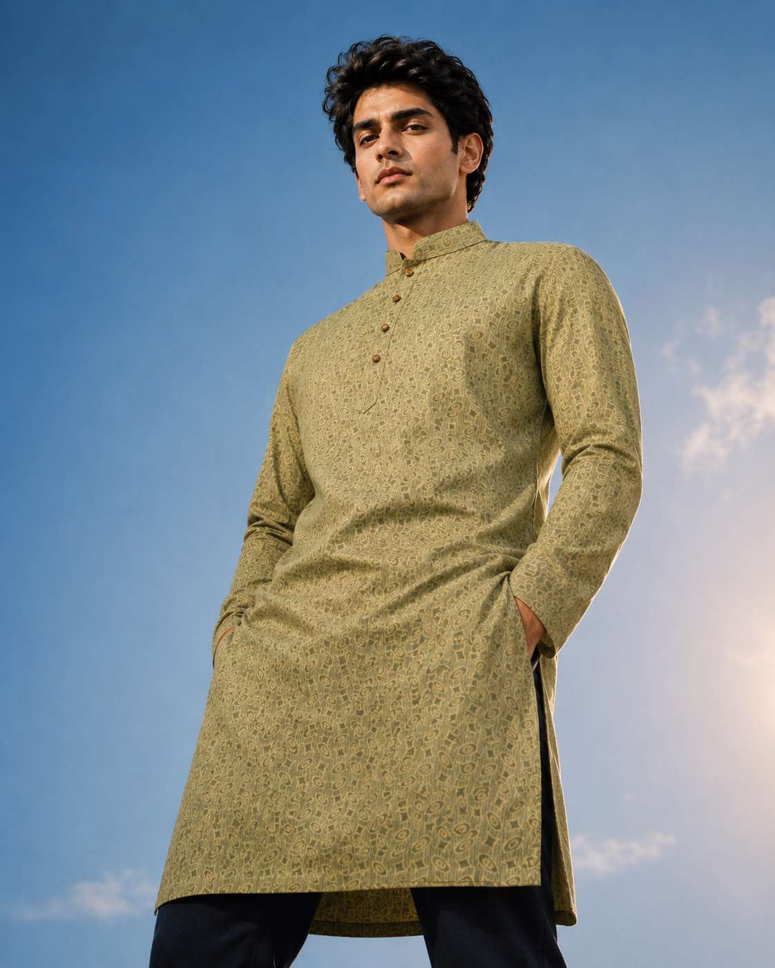 Elegant Panjabi- Golden Olive (FP-2602)