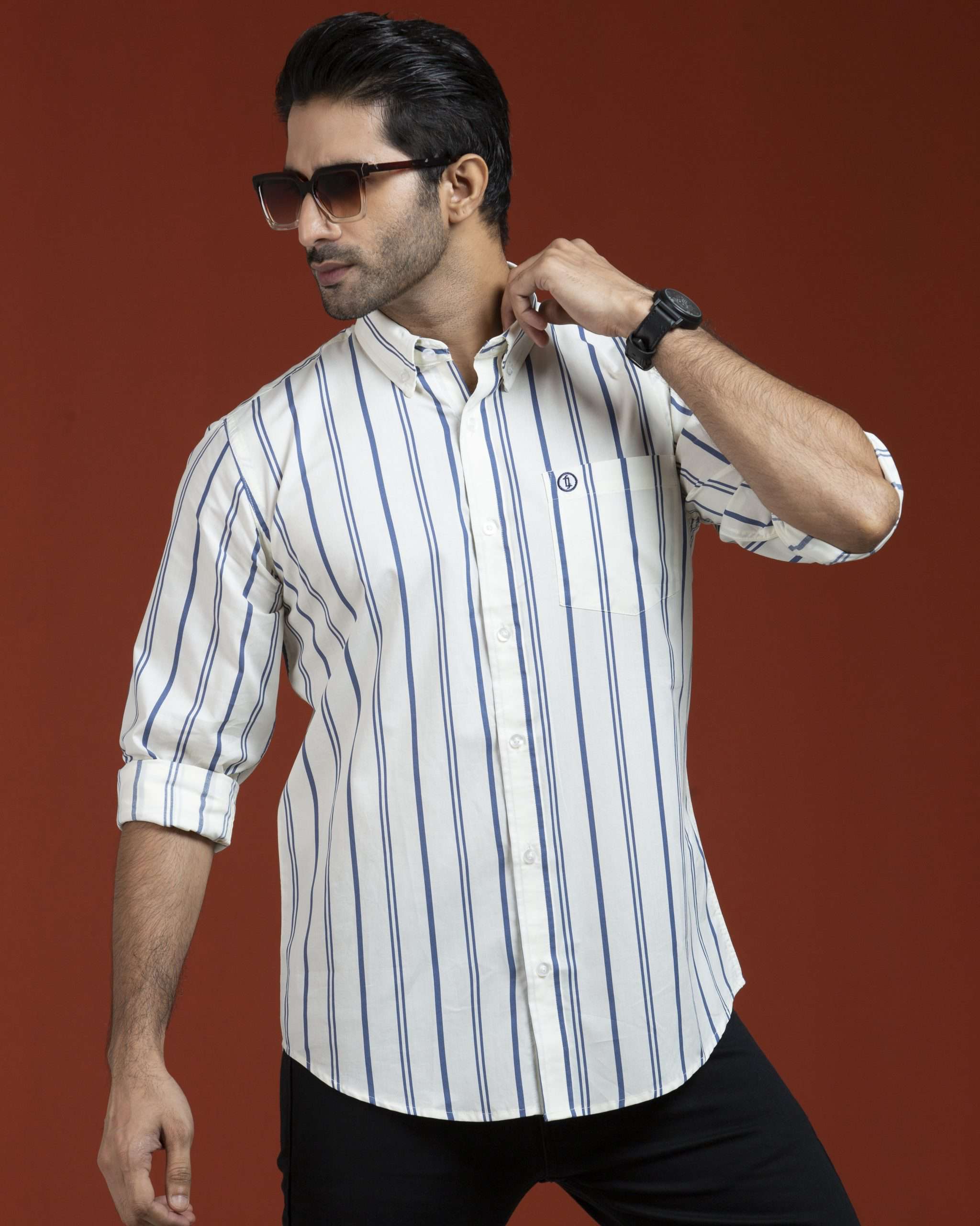 Navy Stripe on Off White Shirt (NS-044)