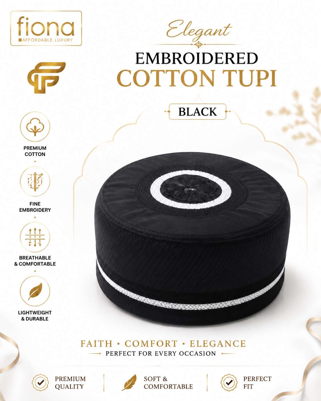 Elegant Embroidered Cotton Tupi- Black